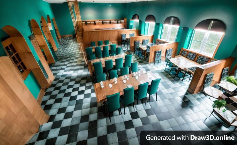 a theater bistro 
all floor tiles are black and white like on a chessboard
all the walls are black
the doors and windows have frames in teal blue
the separations between the coffee tables are made of plants