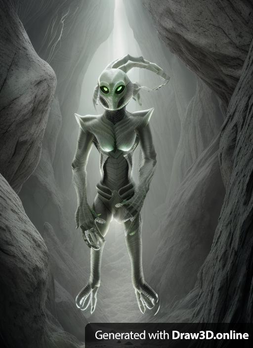 Alien creature, gray scales on its skin, dark green patterns at the darker spots. Elongated single skull. Long arms  with 5-finger strong hands. 6-finger feet with claws. The claws are short and trimmed upward.