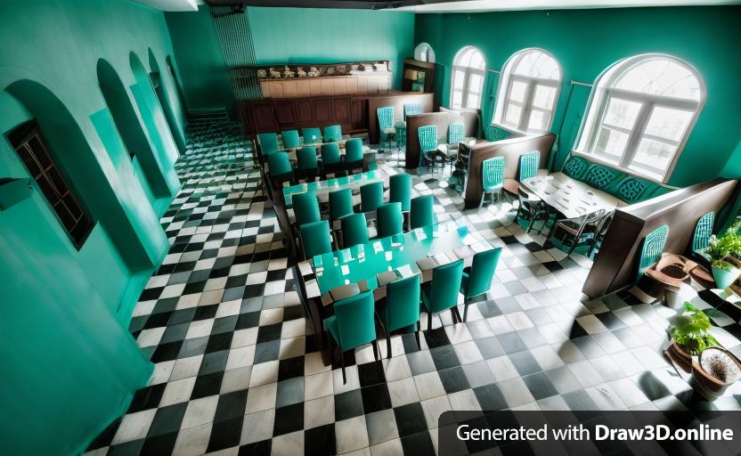 a theater bistro 
the floor is checked like a chessboard in black and White
the walls are black
the doors and windows have frames in teal blue
the separations between the coffee tables are made of plants