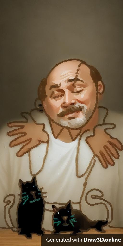 balding man behind table with two cats, photorealistic