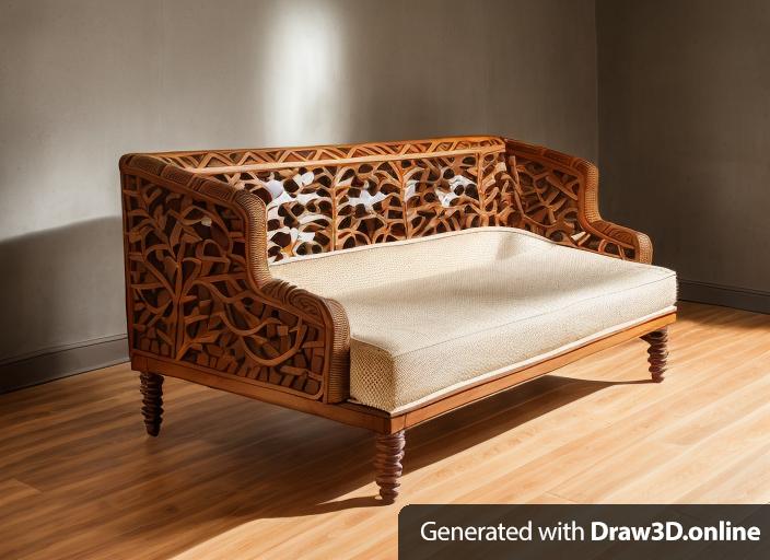 Sofa with pomegranate design wood carving and rattan weaving on the hand rail and top back, with light brown cushion, with covered wide legs