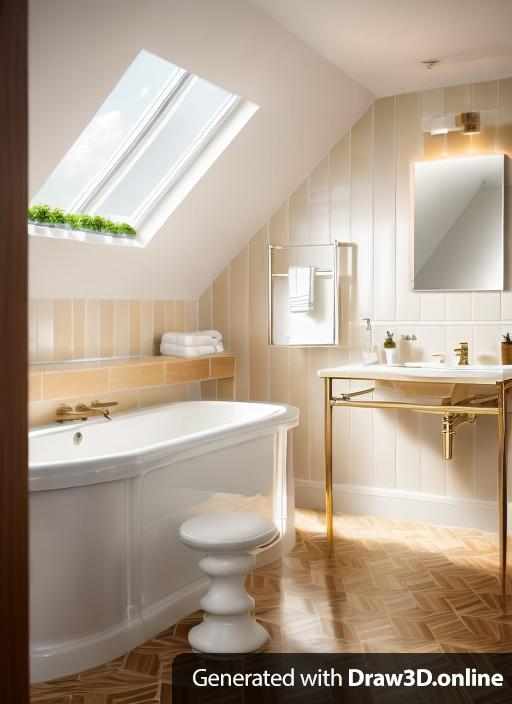 high end london bathroom with graphic tile floor, skylight with evening sunlight, wood walnut stool
