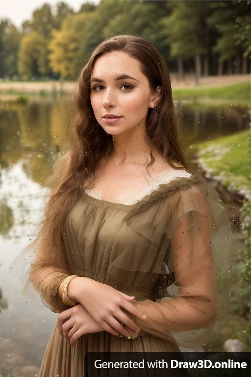 portrait photography of woman with brown hair, smooth skin, her hair is clean and no hair is in her face, italian, she is wearing a vintage gown that is fashionable, 37 years old, moody lighting, nice contrast, earthy tones, landscape and pond in background