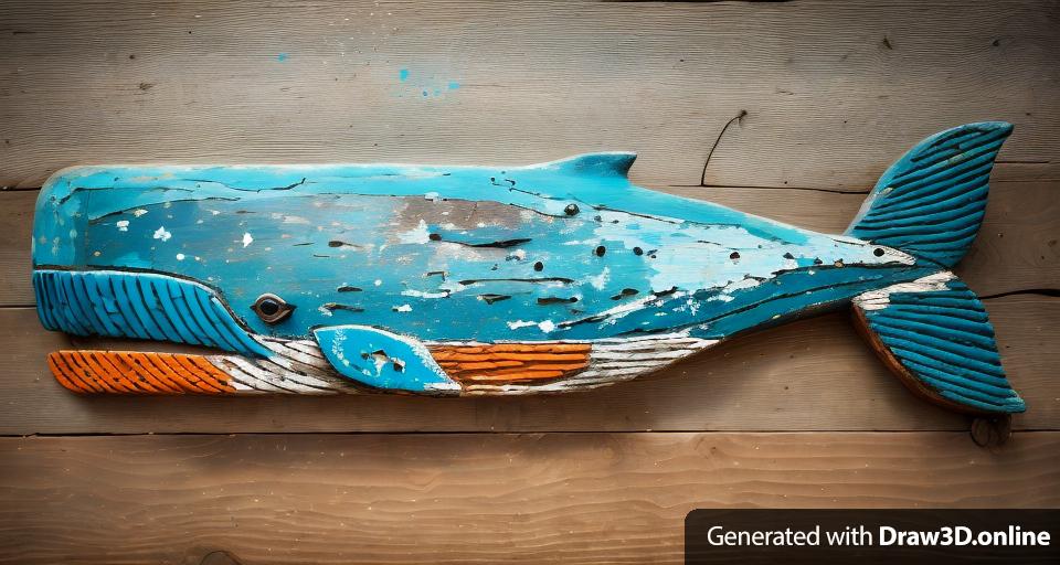 A whale folk art made out of deteriorated driftwood and with a deteriorated paint job with blue colors with little bit of orange coloring
