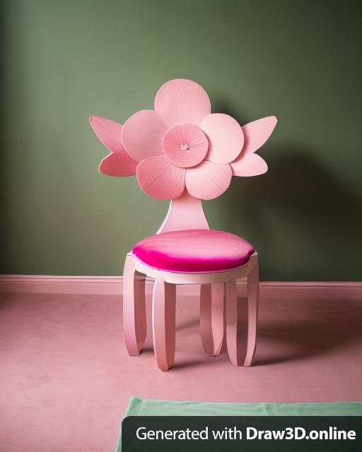 A pink velvet chair, with the backrest resembling a five petal pink flower with accents of green.