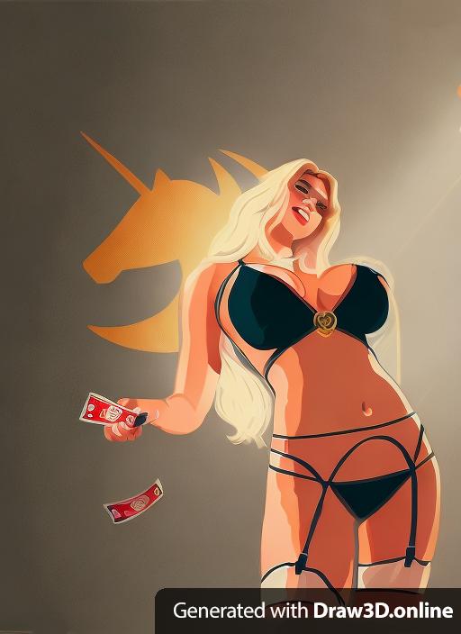 A girl in lingerie tossing money with a logo behind her in a cartoon style