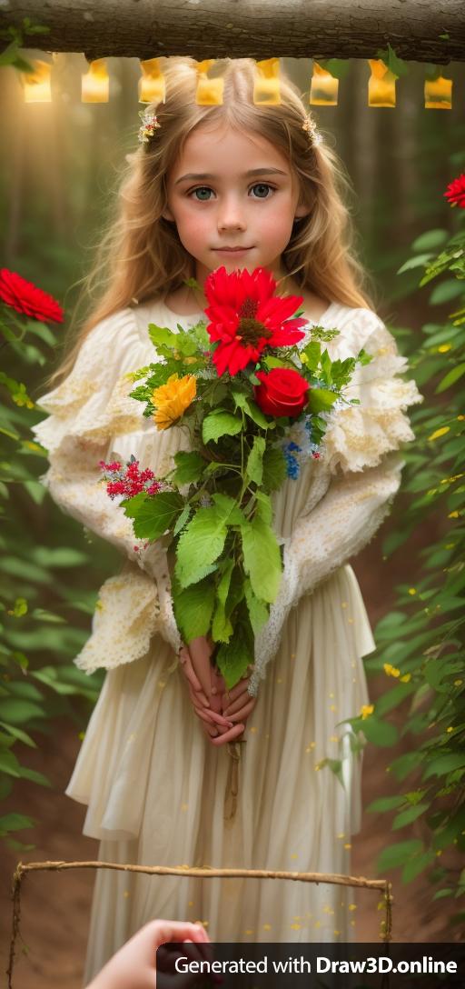 From the uploaded image, use the gold, red, and blue flowers and put them in hands one young French girl.  Only one girl in a forest of flowers.  Girl with sandy light blond hair.  Only one girl in the rendering.