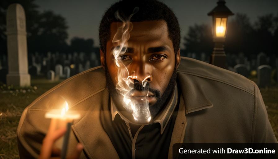 a realistic unreal engine style image close up at night of a serious black man staring into the camera in a cemetery smoking a cigarette, with lanterns on the floor a man