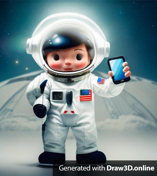 A little boy in an astronaut suit, with a helmet on, holding a cell phone in his left hand.