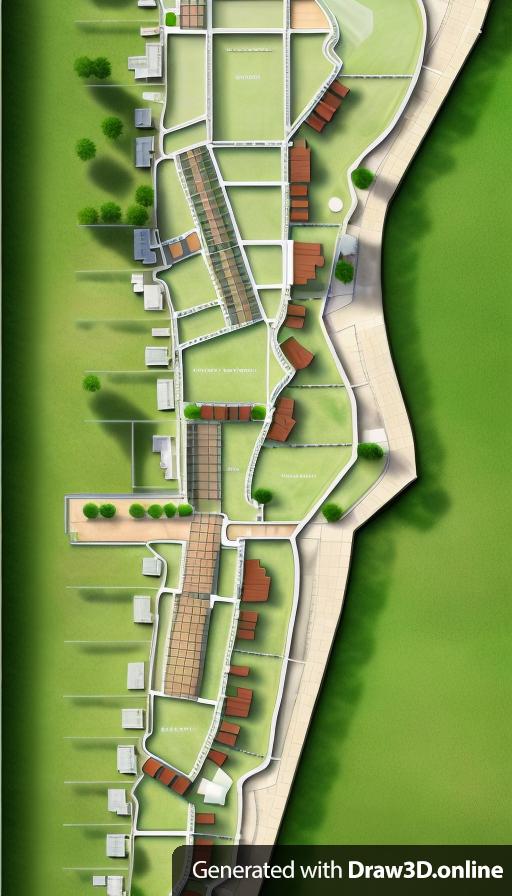 A site plan with greenery, glass houses and water on the side