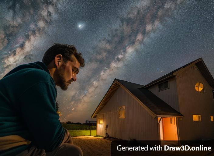 a man is sitting in front of a house looking at the stars