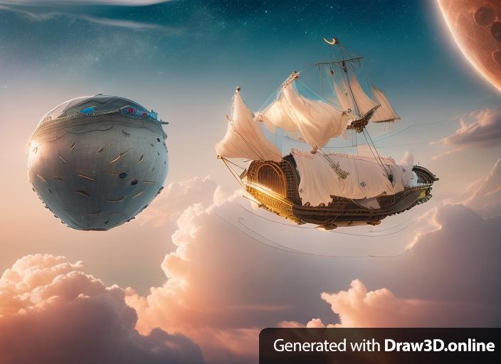 Fantasy art of a magical airship flying to the.moon