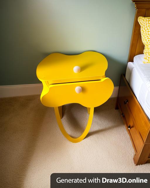 A yellow nightstand with two drawers and no legs floating on a blank wall.