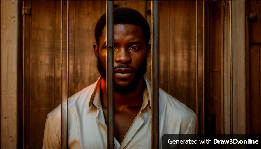 a realistic unreal engine style  African man behind a gate open street behind him at night