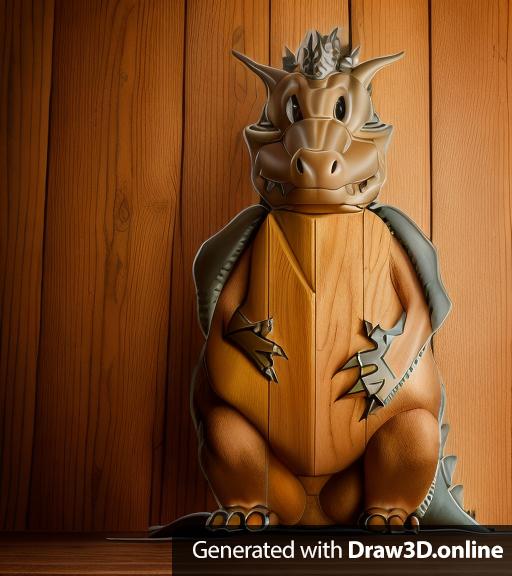 a photo of a dragon whit one hand on his back, one on his belly. The dragon is made out of wood