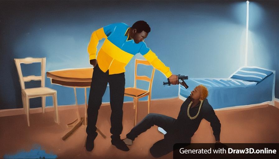 an illustration of an African man wearing a blue shirt pointing a gun and an African man with blonde hair in a dark room