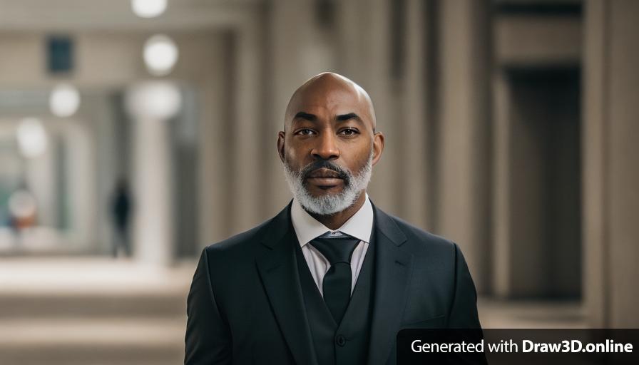 a realistic un real engine style image of a  handsome black  bald man with some grey in his beard walking a black man in a suit