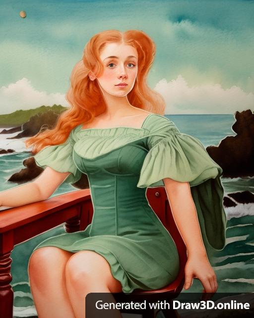 portrait of a victorian woman with light brown skin, curly red hair and seafoam green eyes in a black dress sitting on a chair outside in the ocean at low tide in a watercolor style