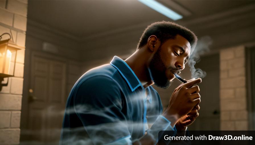 a realistic unreal engine style image  of a black man smoking a cigarette wearing a blue shirt,
tombstones  in the background  with lanterns on the floor