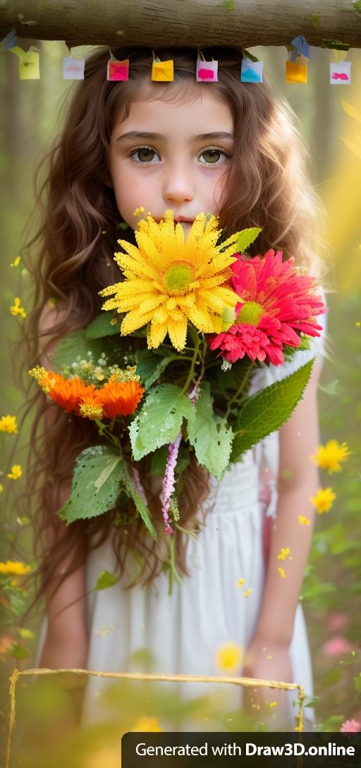 Put the flower from that in the hands a young French girl full color.  Left flower gold. Middle flower red. Right flower blue. The new result should have the same textures of the uploaded image.  Only one girl in a forest of flowers.  Girl with sandy light blone hair.  A single girl in the rendering.