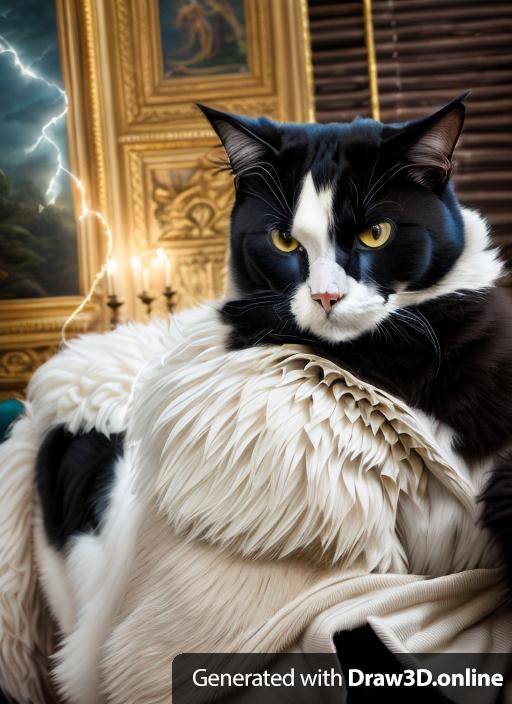 Fantasy art of this tuxedo cat as a king, in a royal promenade