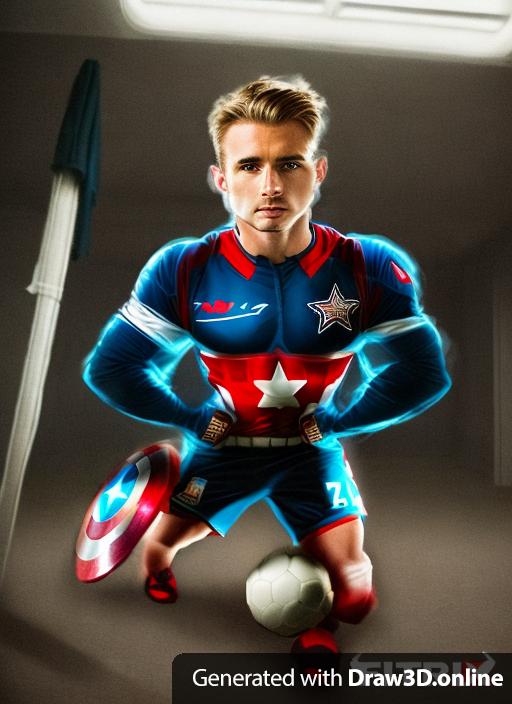 A image of a Man, fullbody, dressed as a soccer player with the Captain america theme