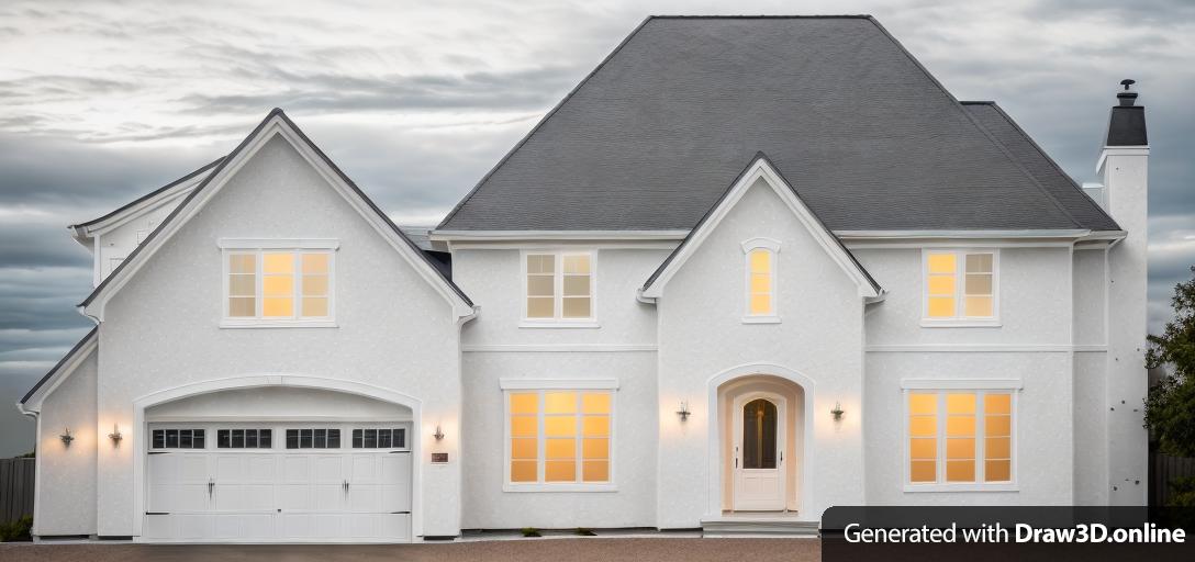 White/grey stucco house. Black shingle roof. White garage door.