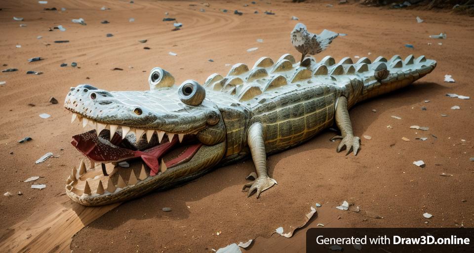 a wooden crocodile with its mouth open is sitting on the ground , it is covered in chipping, peeling reflective, aluminum paint, which is also cracked