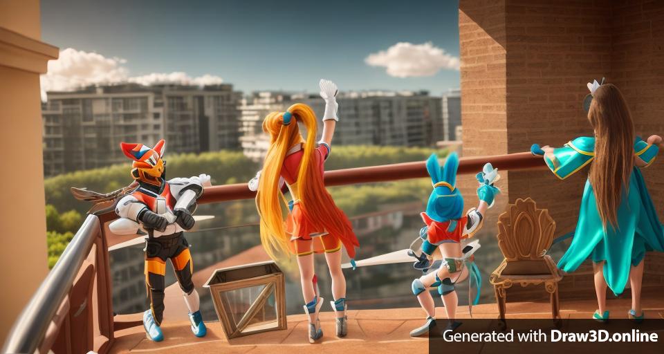 4 game characters gathering on the balcony, as well as some props, in 3D form, high-definition 4k