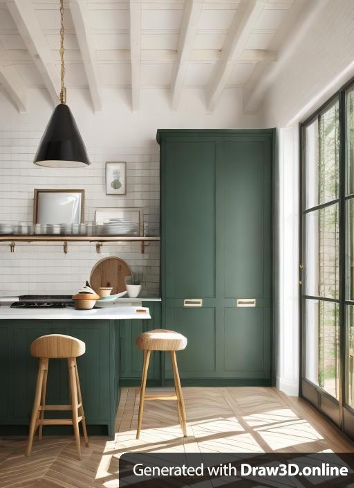 High-end kitchen, more light, small brick floor laid in herringbone pattern, dark green cabinets, luxury, british, glazed exterior doors on right-hand side with view to garden covering whole wall, cream walls, stools with wood legs