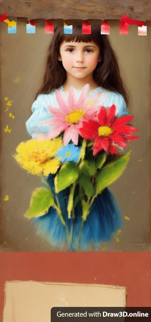 Keep the uploaded drawing  Put the flower from that in the hands a young French girl full color. Keep more of the original image, same colors flowers from the photo.  Left flower gold. Middle flower red. Right flower blue. The new result should have the same textures of the uploaded image.