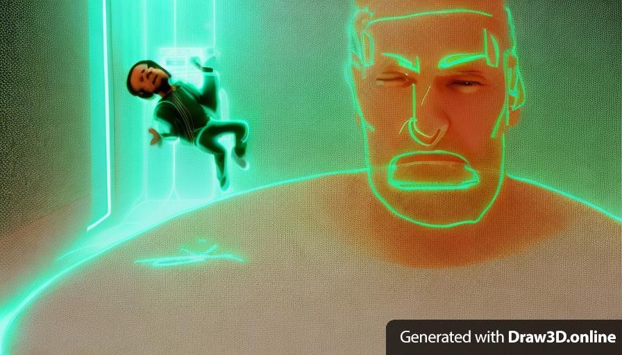 photo realistic screengrab from a science fiction movie in the style of gattaca in which a balding bearded latino man in a dark brown suit floats mid air and convulses in a room with glowing white walls and white floor and white ceiling whilst huge hologram of a man's disembodied head shouts at him, photo realistic, 3d rendered, don't show outline of original drawing