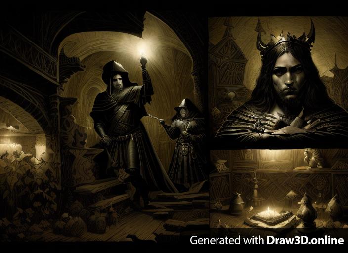 5 panel dark fantasy art medieval style comic book. Noire style dark medieval comic book. Trippy dark horror