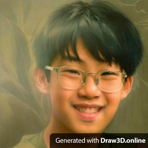 A realistic digital portrait of an Asian boy with short hair and glasses, wearing overalls and holding flowers in his hand. He is depicted in front view against a dark background, creating a mysterious atmosphere. The artwork has a vintage style with muted colors and soft lighting, adding to the overall mood. A small basket containing greenery adds a touch of nature to the scene. On his shirt it says "vayers". The artwork is depicted in the style of vintage photography with muted colors and soft lighting, creating a sense of mystery.