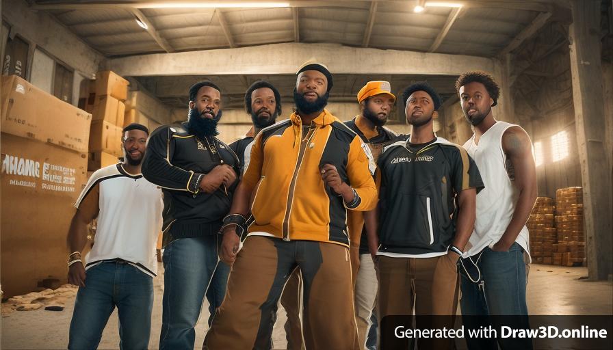 realistic unreal engine style image of a group of black men with beards standing in a warehouse.
keep all clothing colours the same as original image.