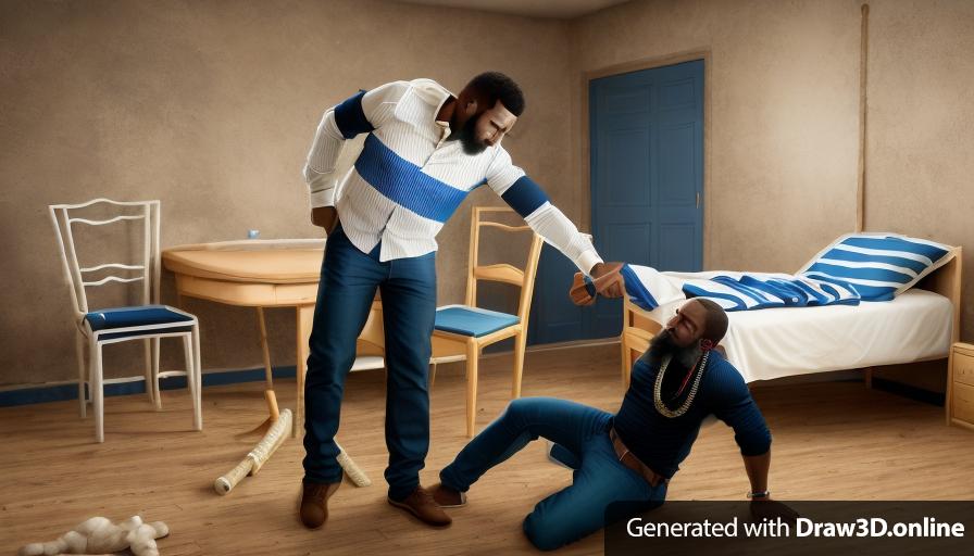 realistic unreal engine style image of an African man with a beard  wearing a white shirt with a blue stripe. he is  pointing a gun at another African man with blonde hair  on the floor in a dark room.