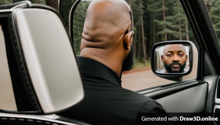 realistic image of  a 65 year bald black man wearing a black suit  with a beard, in a car looking at himself in the mirror
some forrest in the background