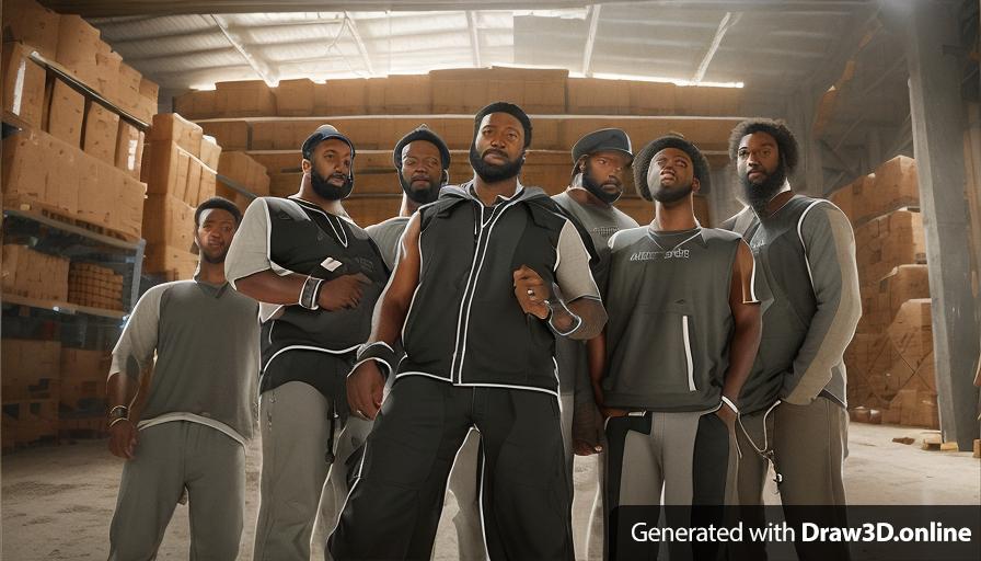 realistic unreal engine style image of a group of black men with beards standing in a warehouse
looking down