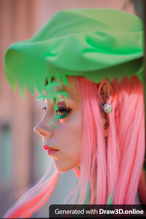 A pink haired girl with big eyes and green earrings