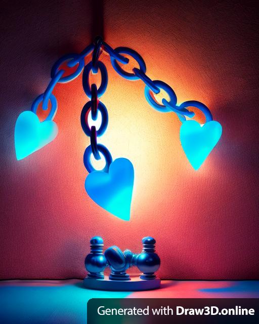 lamp made of blue acrylic chains and red hearts.