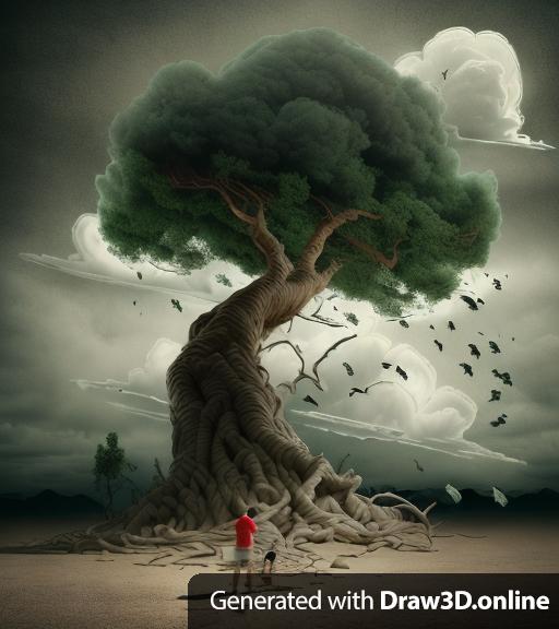 A big tree, one man, cloud in the sky, photorealistic, scary, dramatic, filmy