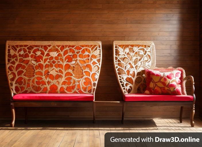 Sofa with pomegranate design wood carving and rattan weaving on the hand rail and top back, full bottom covered with wood, with light brown cushion.