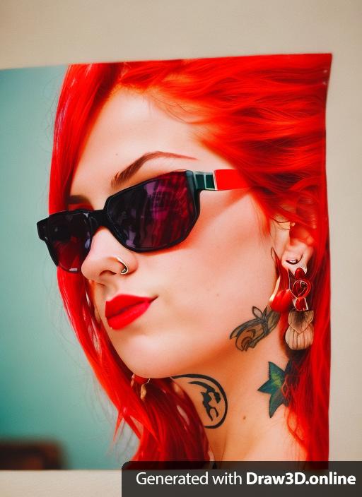 a portrait of a girl wearing sunglass with red head, white color earrings and a tattoo on her neck