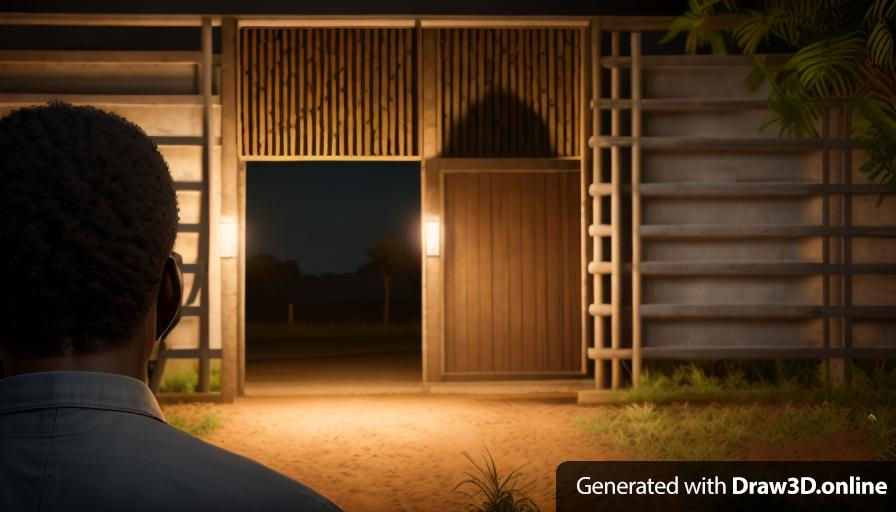 realistic unreal engine style image of an African man standing in front of a gate on a dark night