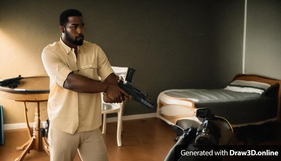 a black man holding a gun in front of a room