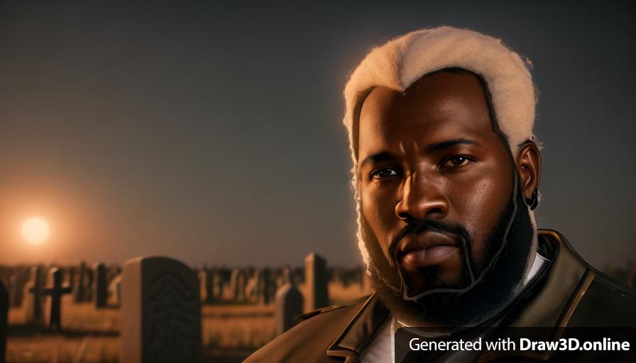 realistic unreal engine style image of an African man with a beard  at night cemetery in his
 background