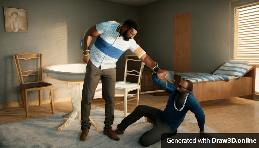 realistic unreal engine style image of an African man with a beard  wearing a blue shirt with a white stripe. he is  pointing a gun at another African man with blonde hair  on the floor in a dark room.