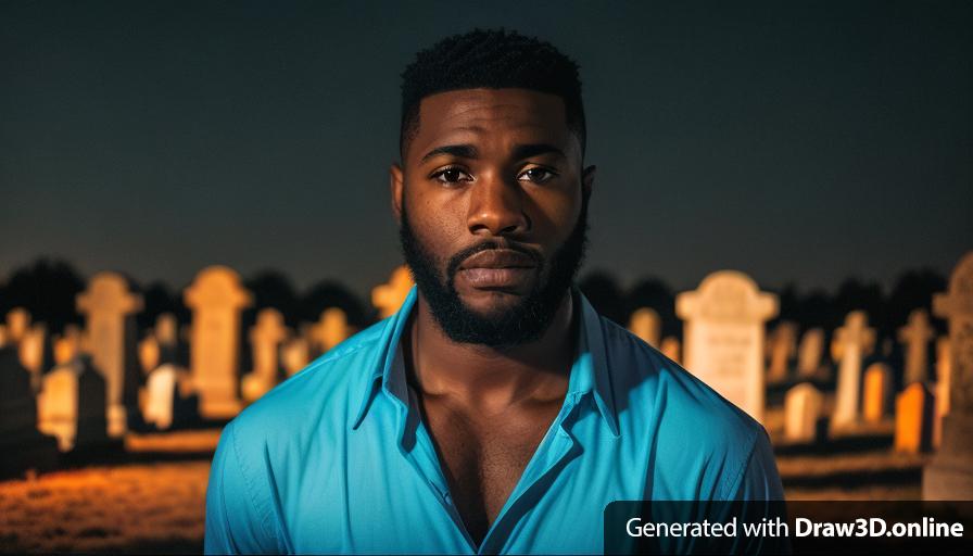 realistic image a black man wearing an only blue shirt with a beard and a clean cut, looking sad kneeling down at a cemetery  , at night a lantern on the floor background filled with tombstones