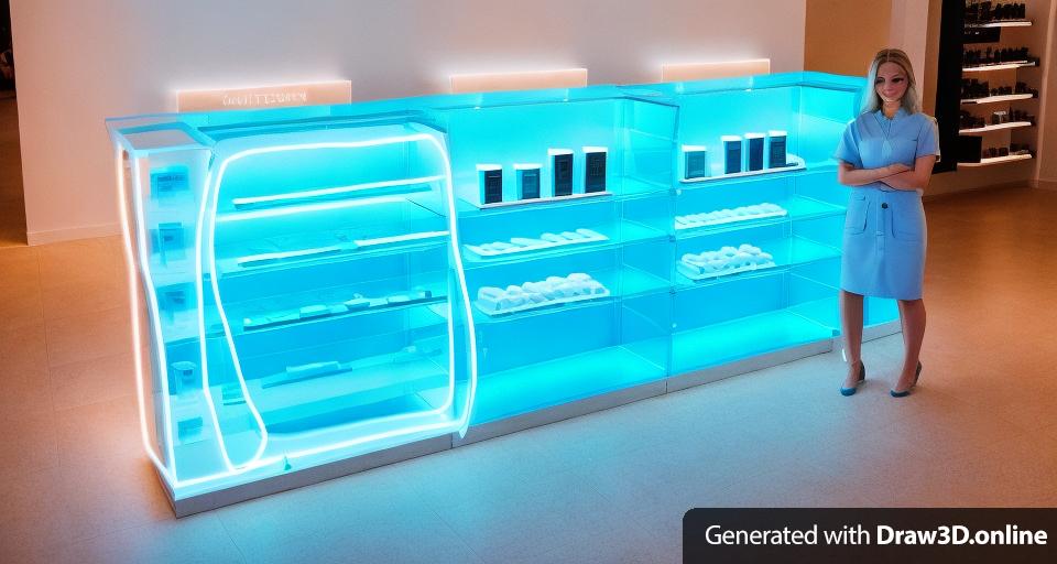 A modern skin care display with blue lighting in a beauty store. A young woman is standing next to the display.