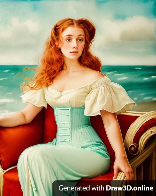 portrait of a victorian woman with light brown skin, curly red hair and seafoam green eyes in a long dress sitting on a victorian style chair outside in the ocean at low tide in a watercolor on canvas style